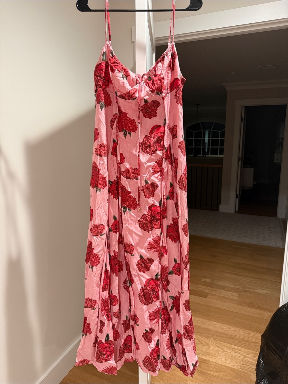 Pink Floral Maxi Slip Dress with Red Rose Print
